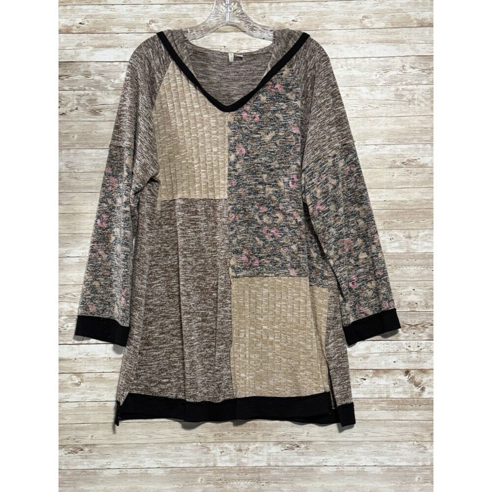 Cato Boho Patchwork Knit Tunic Top Sweater Vneck Sz 14/16W GoblinCore Cottage